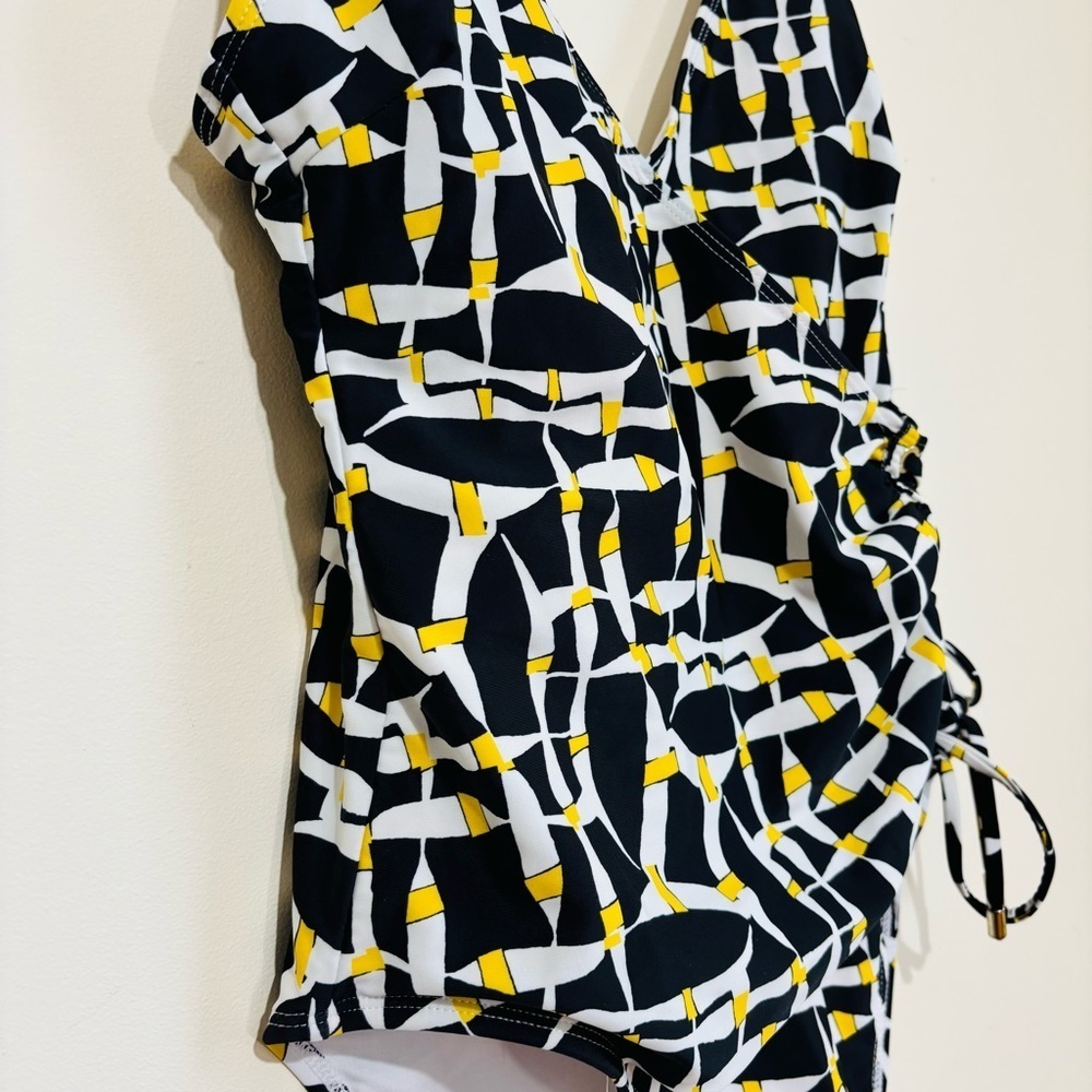 Tahari Off The Grid Black Yellow White Lace Up Grommet One-Piece Swimsuit Large - Picture 5 of 16